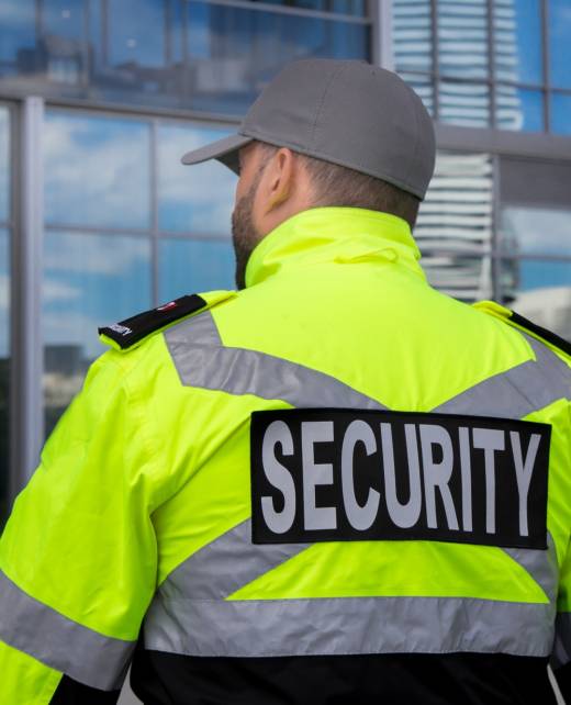Security guard in uniform patrolling a residential area.